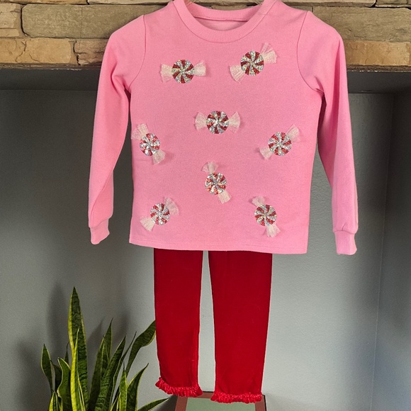 Mud Pie Peppermint Candy Velour Legging 2Pc Set Christmas Party Pink Red 4T-5T - Picture 2 of 9